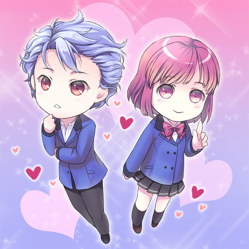 1girl, blue_hair, bow, chibi, heart, pink_eyes, pink_hair, protagonist_(tokimemo_gs3)