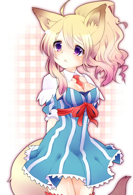 :<, animal_ears, arms_behind_back, between_breasts, blonde_hair, body_blush, breasts, checkered
