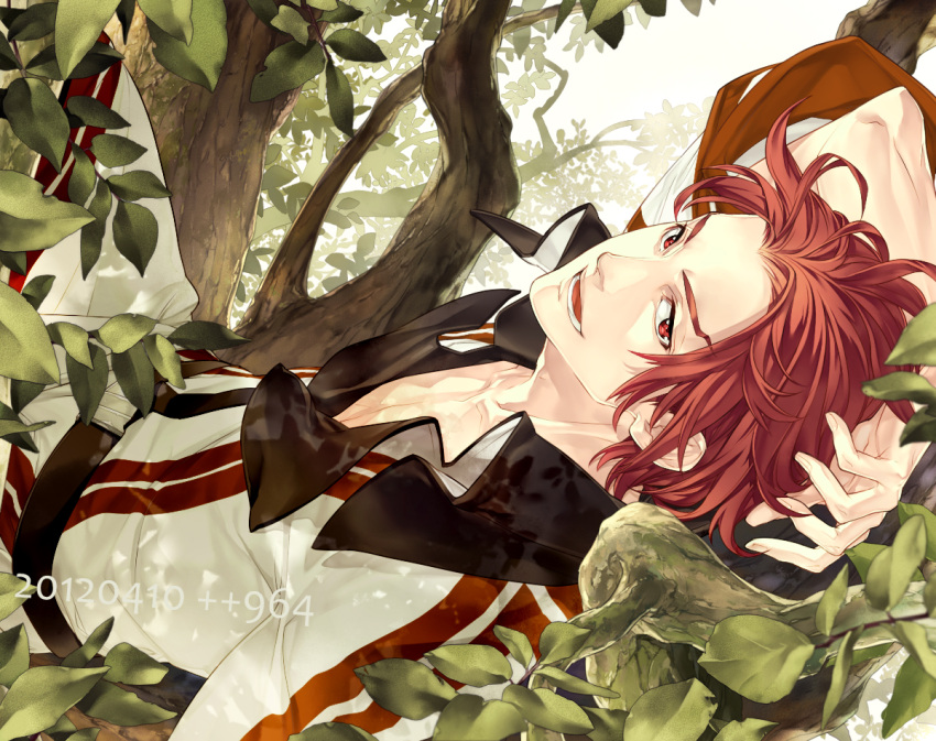 2012, coat, dated, gensou_suikoden, gensou_suikoden_ii, in_tree, kaburaya, leaf