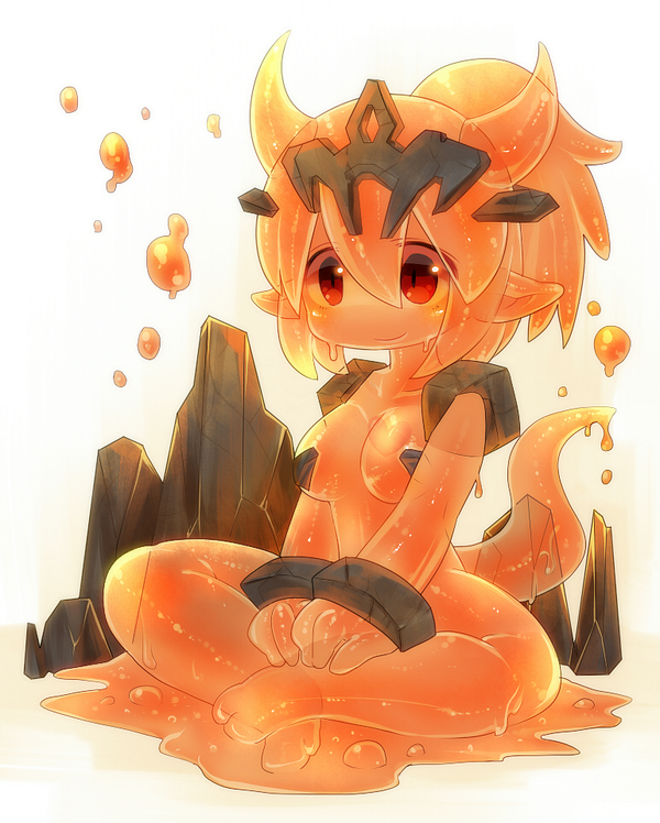 artist_request, breasts, goo_girl, heart, horns, indian_style, mofuaki_(yoshiaki), molten_rock