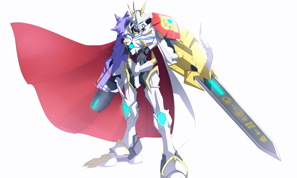 armor, blue_eyes, cape, claws, digimon, digimon_x-evolution, epic, glowing, glowing_eyes, horns, lauqe, no_humans, omegamon_x, solo, spikes, sword, weapon