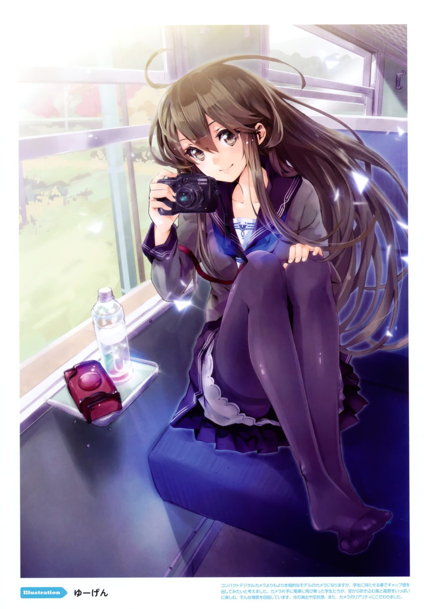 1girl, black_legwear, bottle, brown_eyes, brown_hair, camera, color_issue, copyright_request