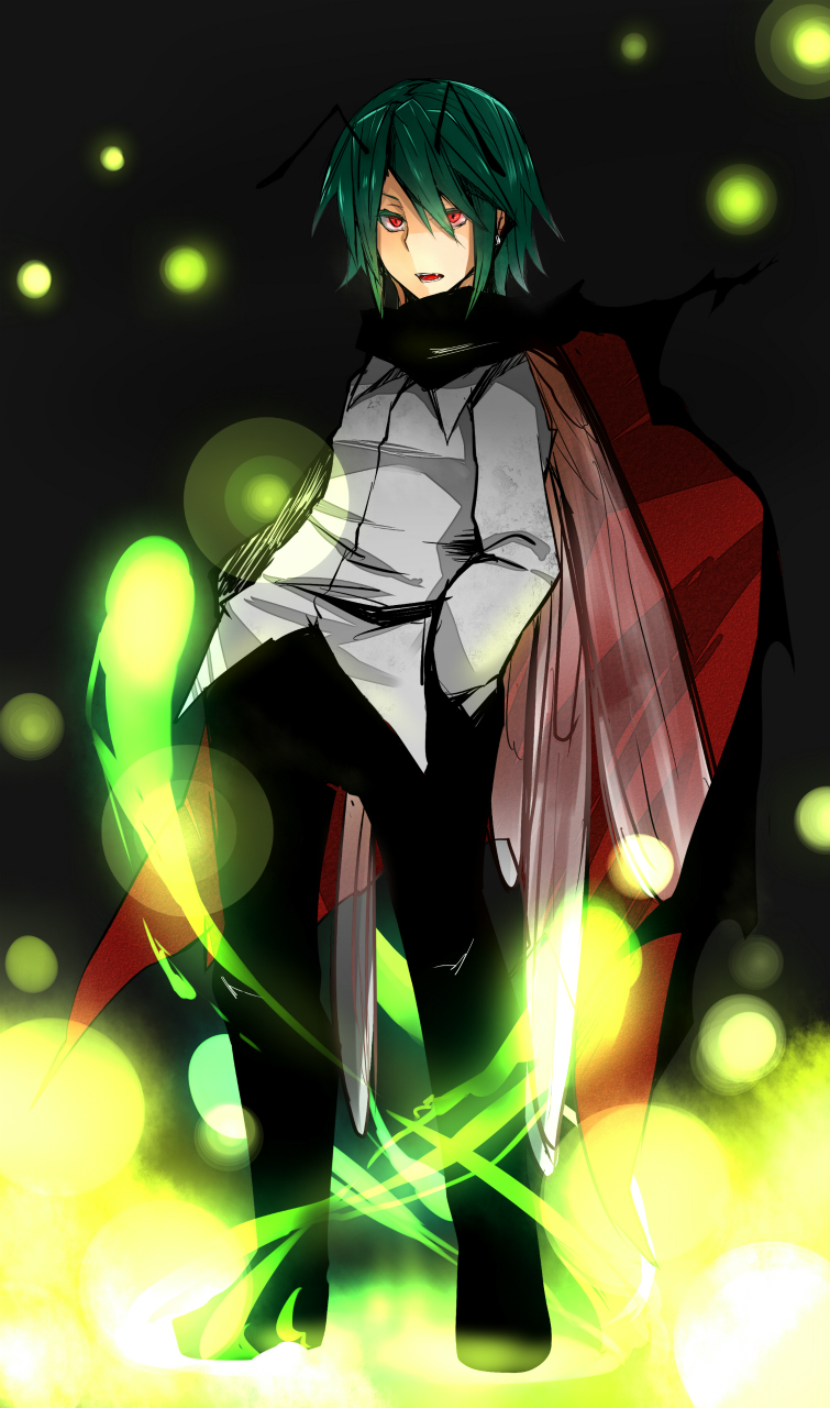 antennae, bifrst, cape, earrings, green_hair, hands_in_pockets, highres, jewelry, open_mouth, red_eyes, reverse_trap, touhou, wings, wriggle_nightbug