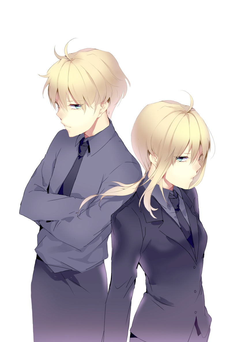 1girl, absurdres, ahoge, blonde_hair, blue_eyes, crossed_arms, dual_persona, fate/prototype