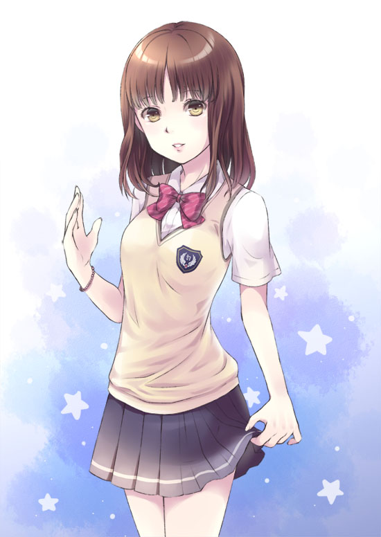 bow, brown_hair, school_uniform, skirt, solo, star, sweater_vest, tokimeki_memorial