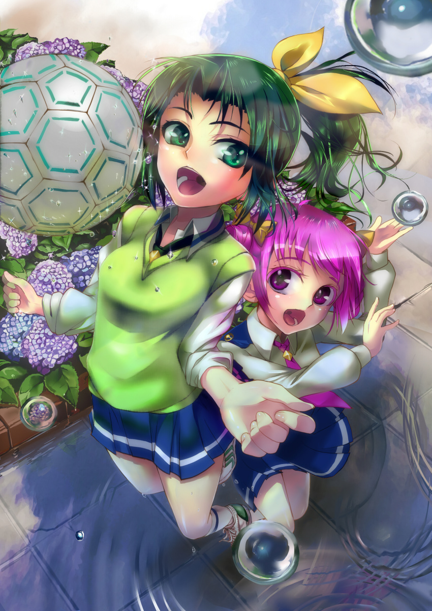 ball, colored_eyelashes, flower, green_eyes, green_hair, highres, hoshizora_miyuki, houen