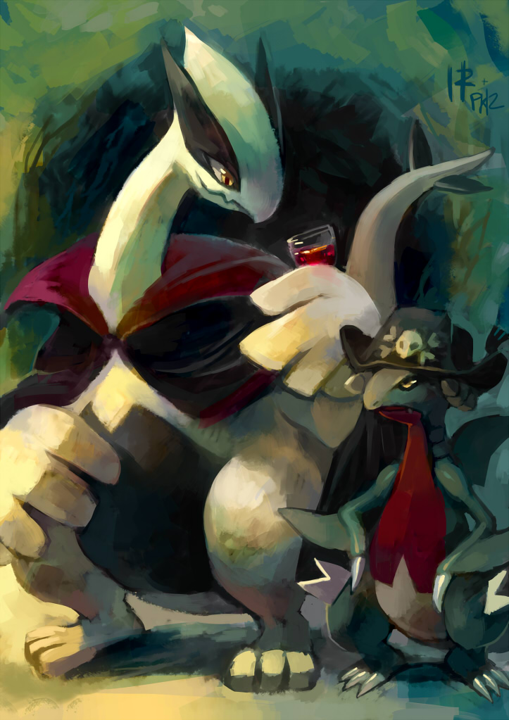 clothed_pokemon, commentary, gabite, glass, hands_on_hips, hat, holding, lugia, no_humans, numa, pirate_hat, pmd-explorers, pokemon, pokemon_(creature), pokemon_mystery_dungeon, purplekecleon, shizuku_(asanuma), signature, skull_and_crossbones, smile, standing, wine, yellow_eyes