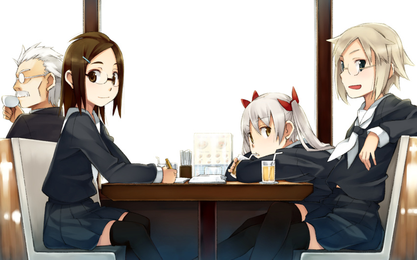 brown_eyes, brown_hair, cafe, drink, glasses, green_eyes, hair_ornament, hairclip, highres, itami_sumihito, legs, long_hair, original, school_uniform, short_hair, sitting, skirt, smile, thigh-highs, thighhighs, translation_request, wallpaper, white_legwear, white_thighhighs