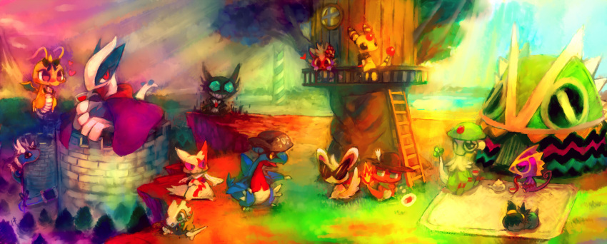 absurdres, ampharos, blue_sky, bone, cape, chibi, cliff, clothed_pokemon