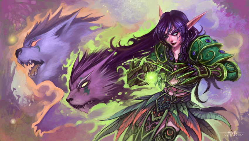 armor, bear, cat, claws, elf, feathers, fire, green_fire, highres, jimaoxiaodi, long_hair, night_elf, pointy_ears, purple_hair, purple_skin, warcraft, wolf, world_of_warcraft