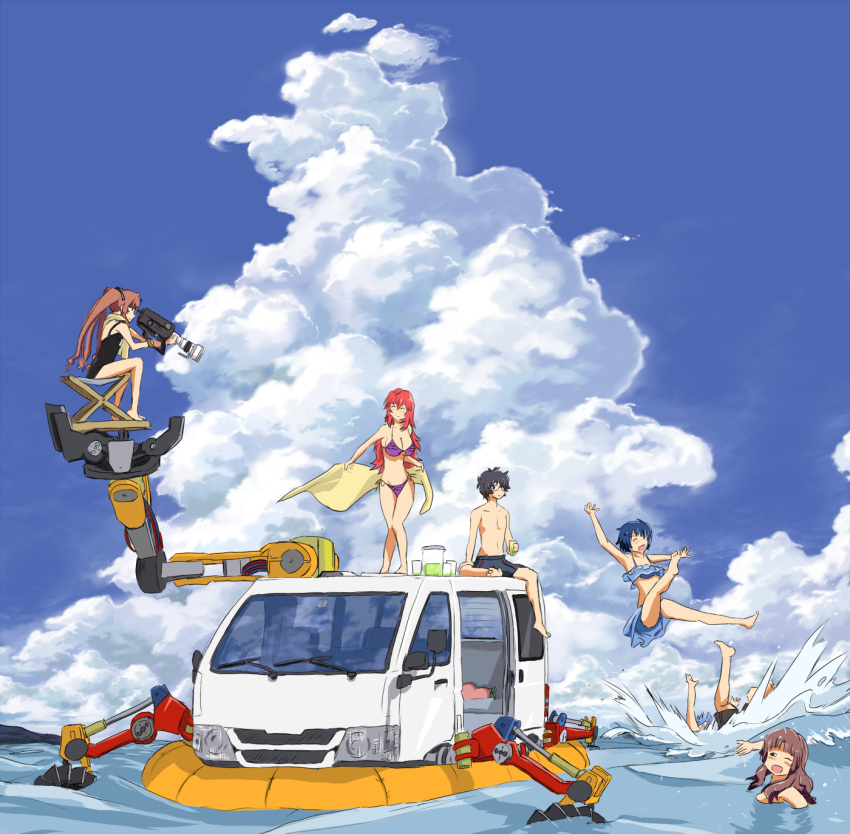 4girls, ano_natsu_de_matteru, bikini, camera, chair, cloud, clouds, highres