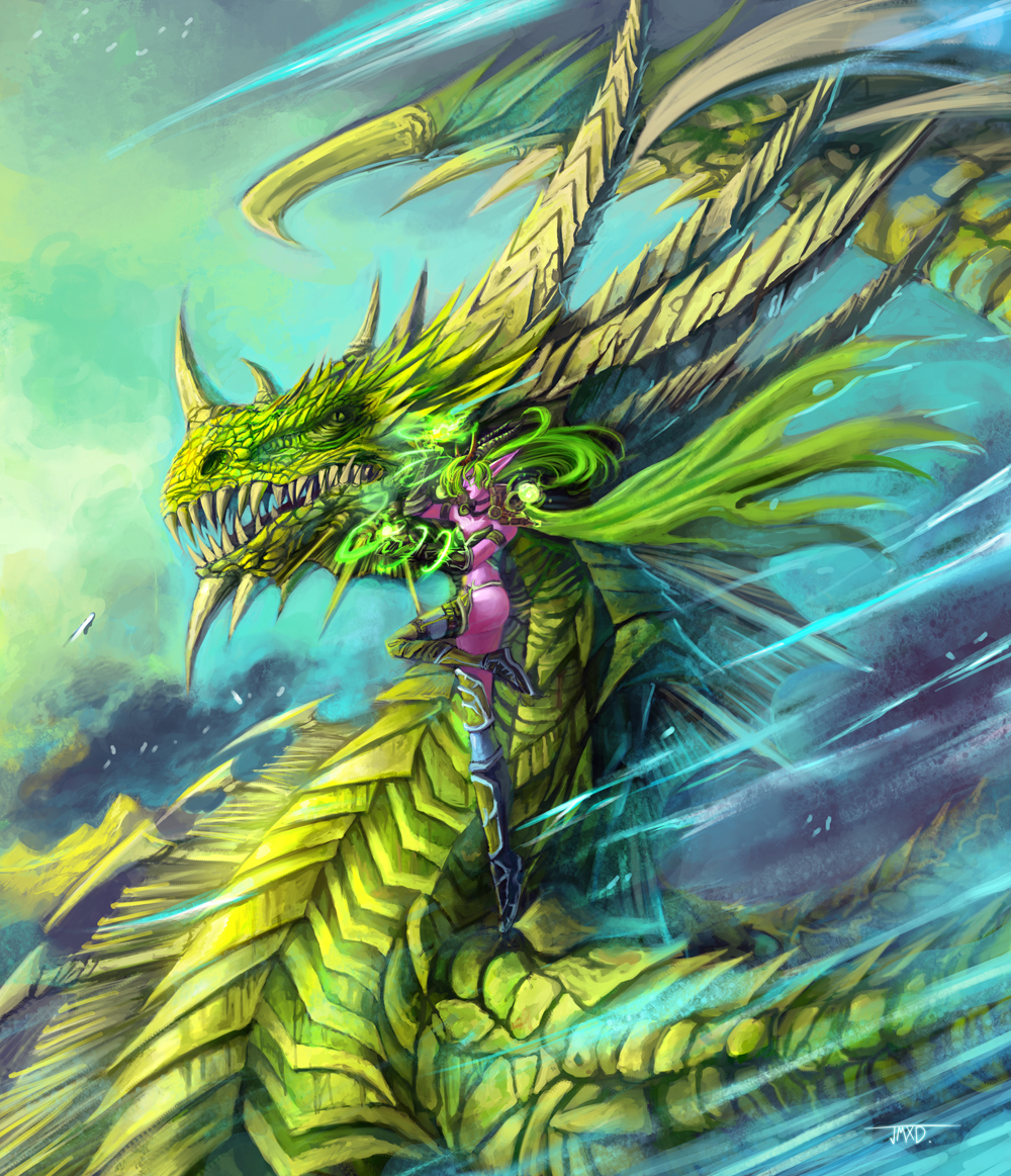 alexstrasza, armor, bikini_armor, dragon, dual_persona, elf, fire, green_fire