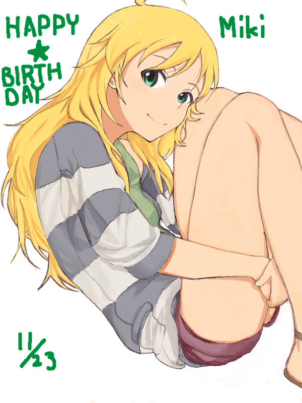 ahoge, birthday, blonde_hair, drawr, ed69, green_eyes, hoshii_miki, idolmaster