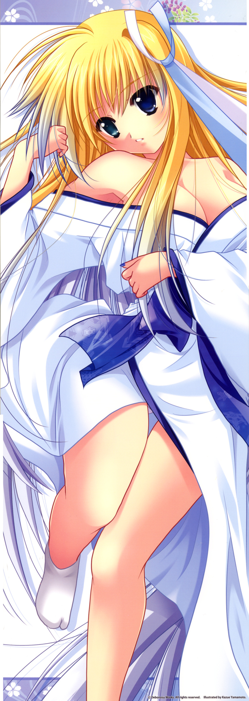 blonde_hair, breasts, cleavage, highres, huge_filesize, japanese_clothes, kagura_douchuuki, kimono
