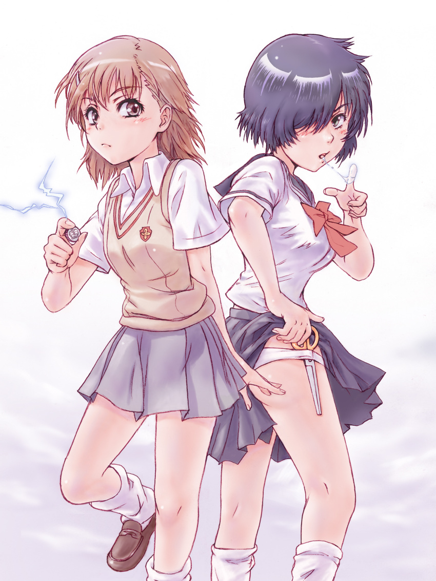 black_hair, brown_eyes, brown_hair, crossover, hair_over_one_eye, highres, in_panties, misaka_mikoto