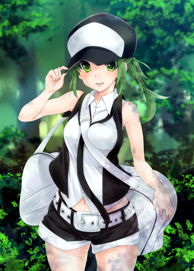 bag, bare_shoulders, belt, between_breasts, breasts, cowboy_shot, genderswap, green_eyes