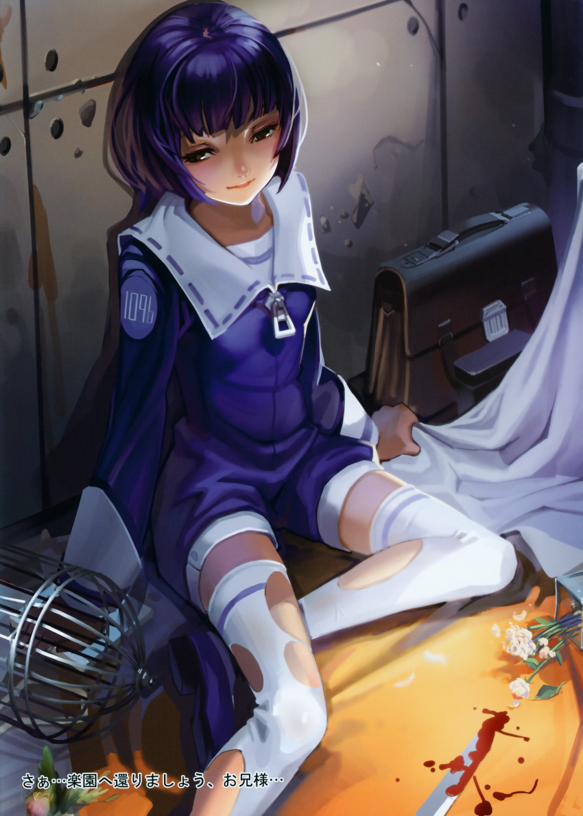 absurdres, alphonse, alphonse_(white_datura), arm_support, bag, bangs, birdcage, blood