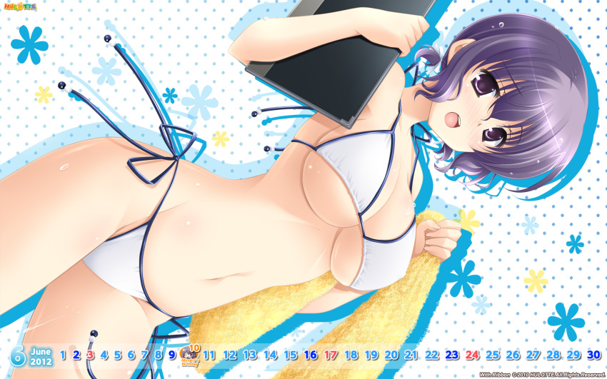 1920x1200, asaka_minako, bikini, breasts, calendar, dutch_angle, hair_ribbon, highres