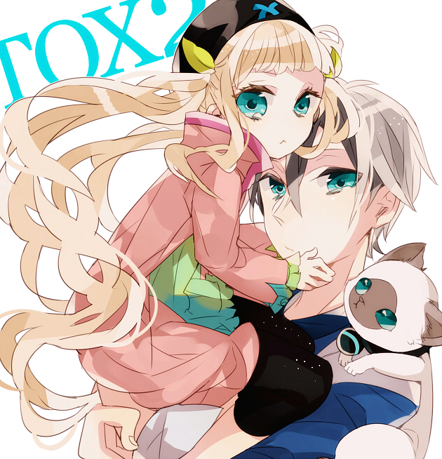 1girl, animal, bad_id, black_hair, blonde_hair, blue_eyes, brown_hair, capri_pants, cat, chidori_(@rom), duo, elle_mel_martha, grey_hair, hat, long_hair, ludgar_will_kresnik, ludger_will_kresnik, lulu_(tales_of_xillia_2), multicolored_hair, ribbon, short_hair, tales_of_(series), tales_of_xillia, tales_of_xillia_2, title_drop, twintails