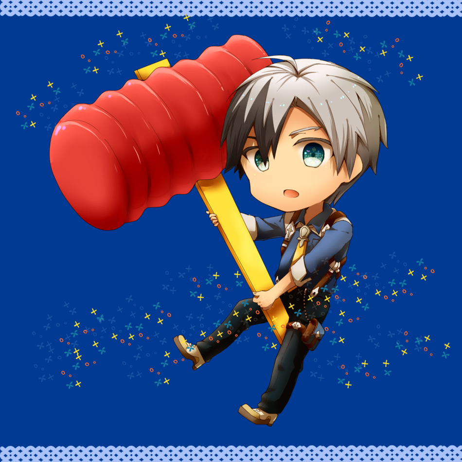 artist_request, black_hair, blue_eyes, grey_hair, ludgar_will_kresnik, ludger_will_kresnik, male, multicolored_hair, piko_piko_hammer, short_hair, solo, squeaky_mallet, tales_of_(series), tales_of_xillia, tales_of_xillia_2