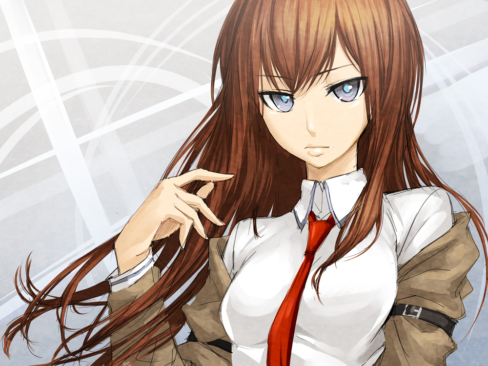 blue_eyes, brown_hair, dress_shirt, jacket, lips, long_hair, makise_kurisu, necktie