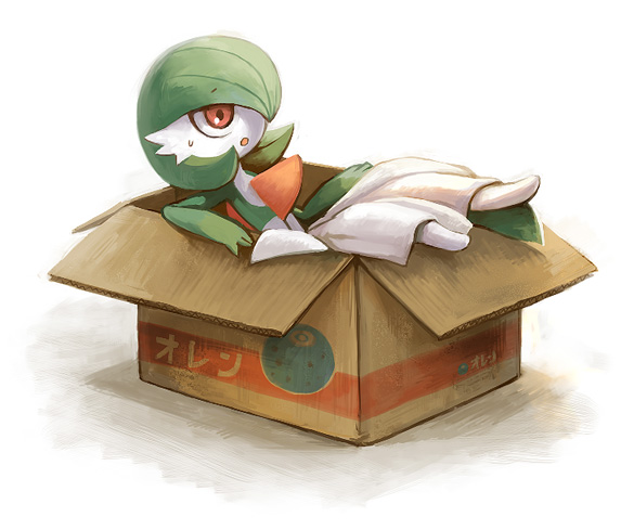 :o, berries, box, cardboard_box, dress, flat_chest, gardevoir, green_hair
