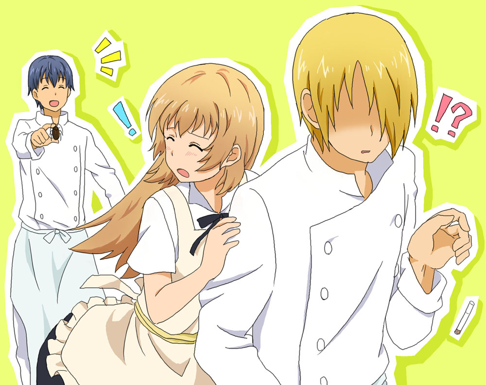 !?, 1girl, 2boys, apron, beetle, blonde_hair, blue_hair, chef, cigarette, closed_eyes, donrima, eyes_closed, hair_over_one_eye, long_hair, multiple_boys, satou_jun, short_hair, souma_hiroomi, todoroki_yachiyo, working!!