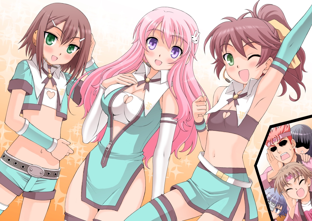 arms_up, baka_to_test_to_shoukanjuu, belt, black_hair, blue_hair, blush, breasts, brown_hair