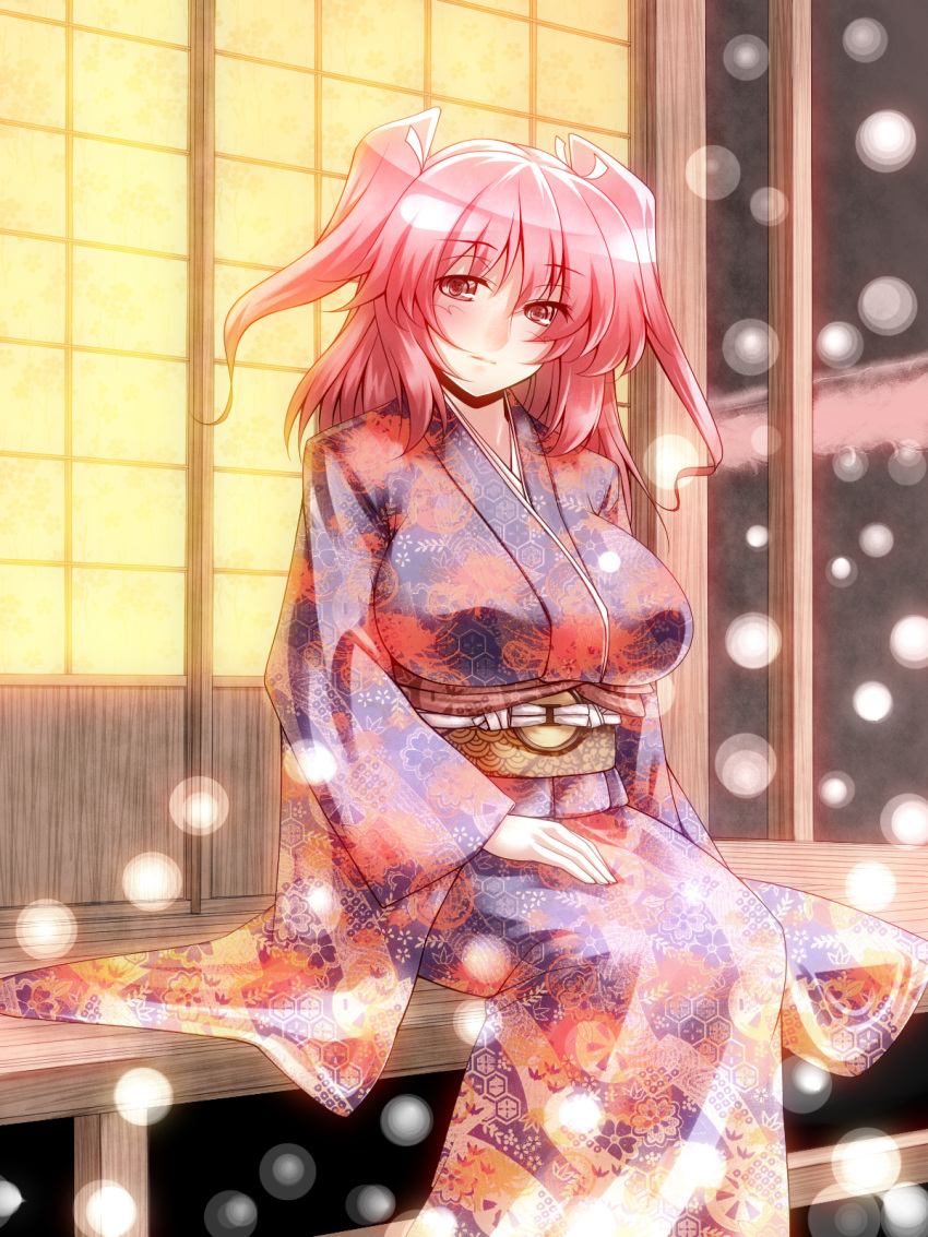 blush, breasts, cute, hair_bobbles, hair_ornament, highres, japanese_clothes, kimono