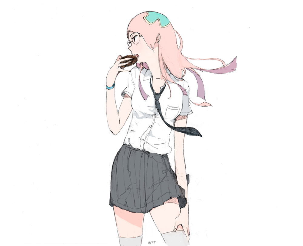 coco_(tsuritama), cookie, food, glasses, kneehighs, necktie, open_mouth, pink_hair