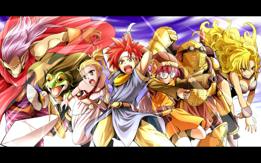 4boys, ayla, blonde_hair, bow_(weapon), cape, chrono_trigger, crono, crossbow