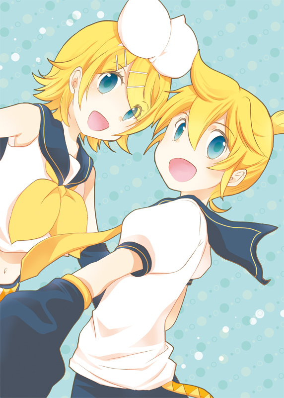 1girl, blonde_hair, blue_eyes, bow, brother_and_sister, detached_sleeves, hair_bow, hair_ornament