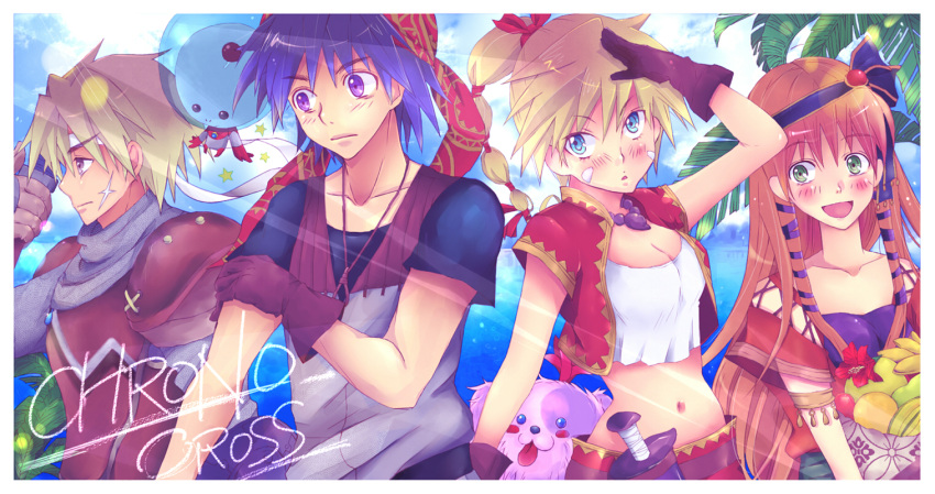 2girls, alien, bandana, bandanna, blonde_hair, blue_eyes, blue_hair, chrono_cross