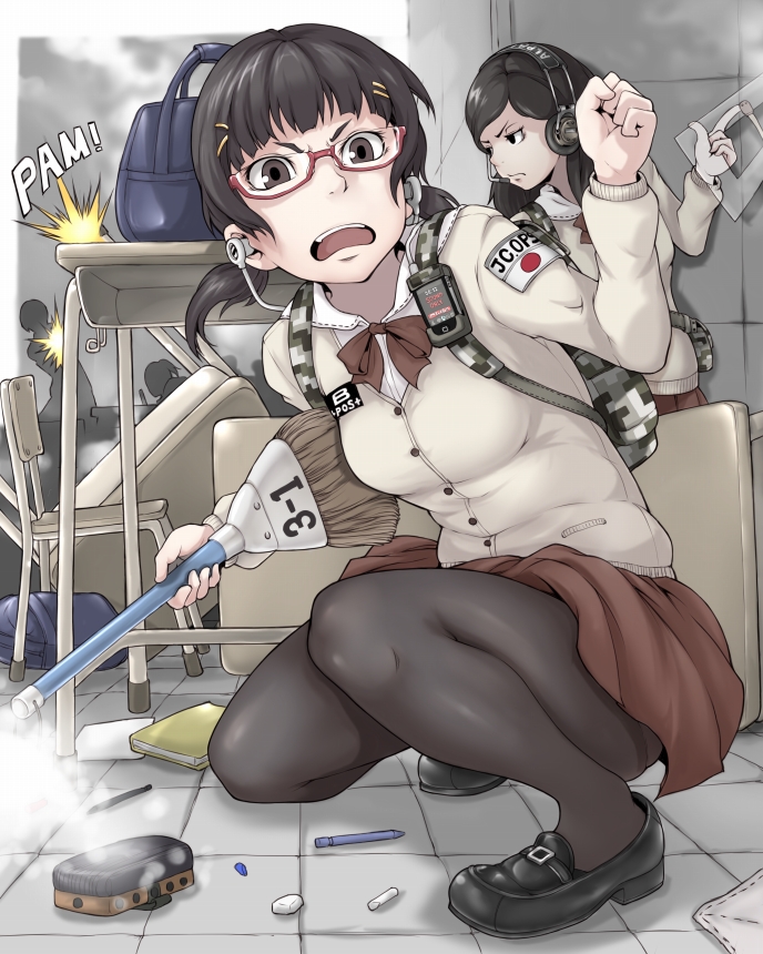 backpack, bag, black_hair, black_legwear, book, broom, brown_eyes, chair