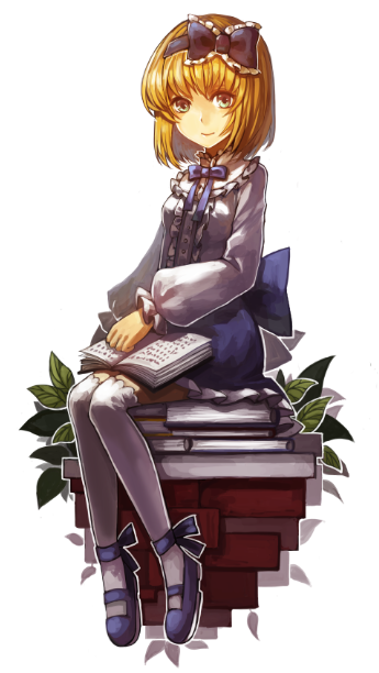 alice_margatroid, alice_margatroid_(pc-98), blonde_hair, blue_eyes, book, hairband, short_hair, sitting