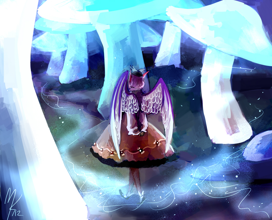 animal_ears, arms_behind_back, blue, brown_dress, brown_legwear, dress, from_behind, glowing, hat, kelbremdusk, mushroom, mystia_lorelei, path, petticoat, pink_hair, short_hair, signature, solo, touhou, walking, wings