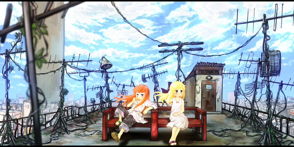 antennae, blonde_hair, blue_eyes, bow, chair, city, cityscape, cloud