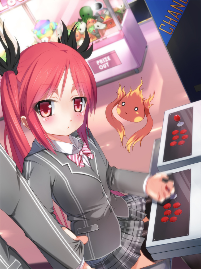 arcade, arcade_cabinet, blush, crane_game, cthugha_(nyaruko-san), haiyore!_nyaruko-san, highres, kishinami, motion_blur, playing_games, red_eyes, red_hair, redhead, school_uniform, twintails