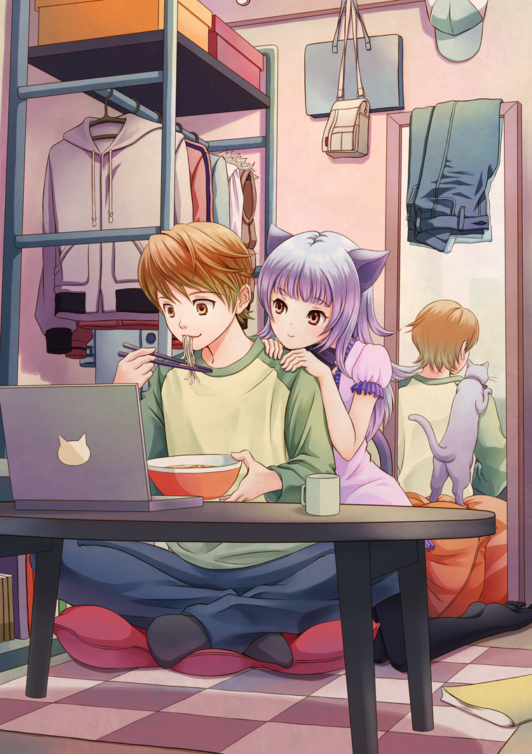 1girl, animal_ears, blush, brown_eyes, brown_hair, cat, cat_ears, cat_tail