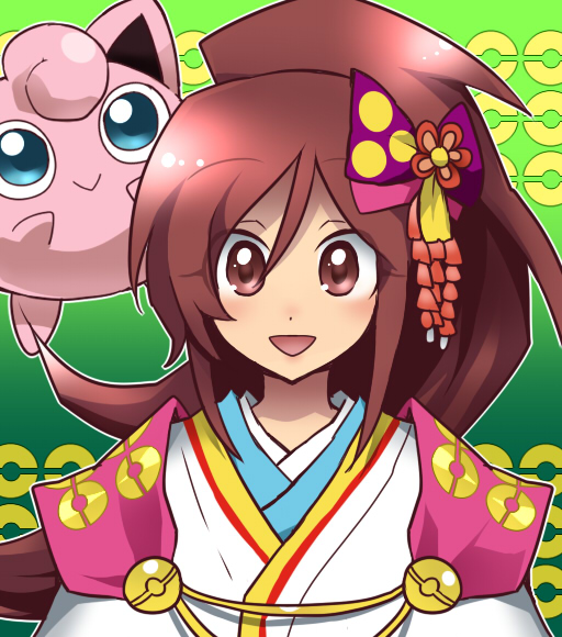 1girl, brown_hair, fukumitsu_(kirarirorustar), jigglypuff, long_hair, looking_at_viewer, nobunaga_no_yabou, oichi_(sengoku_musou)