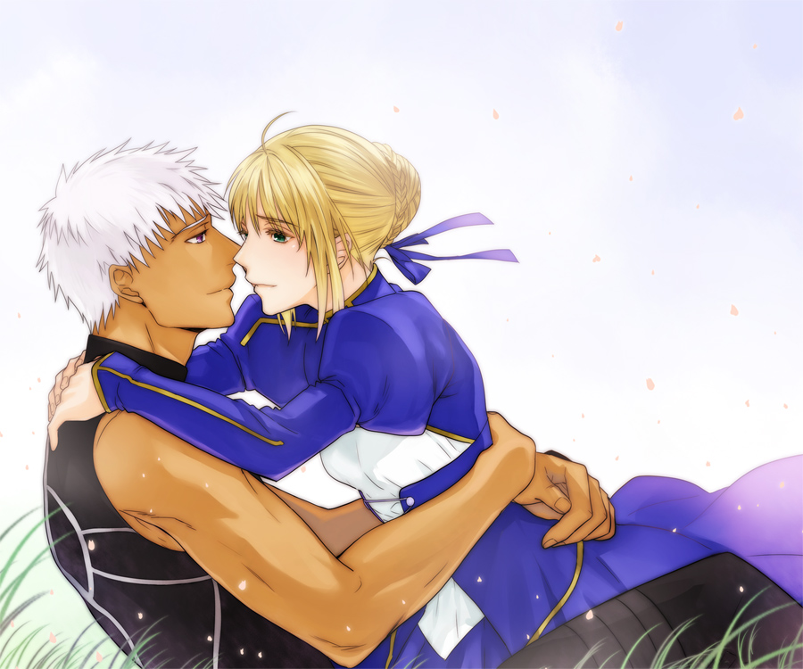 1girl, ahoge, ao_(sodalite), archer, bare_shoulders, blonde_hair, couple, dark_skin