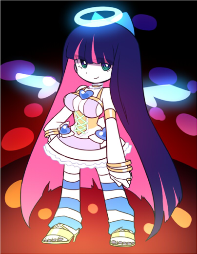 breasts, fukumitsu_(kirarirorustar), halo, kirariroru_star, long_hair, looking_at_viewer, multicolored_hair, multicolored_legwear