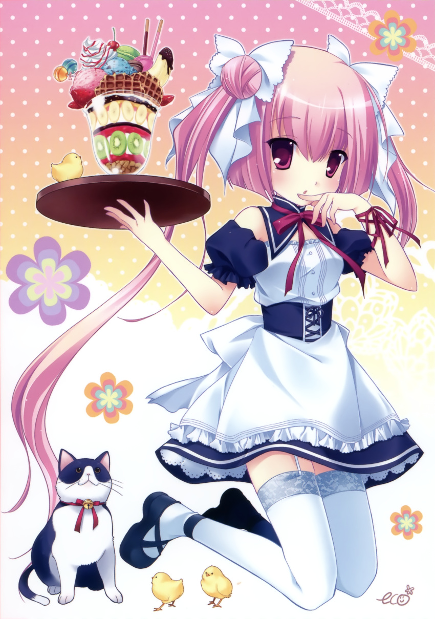 asamiya_kana, bird, cat, chick, double_bun, eco, food, garter_straps, highres, ice_cream, long_hair, maid, princess_party, shoes, sundae, thigh-highs, thighhighs, tray, twintails, waitress