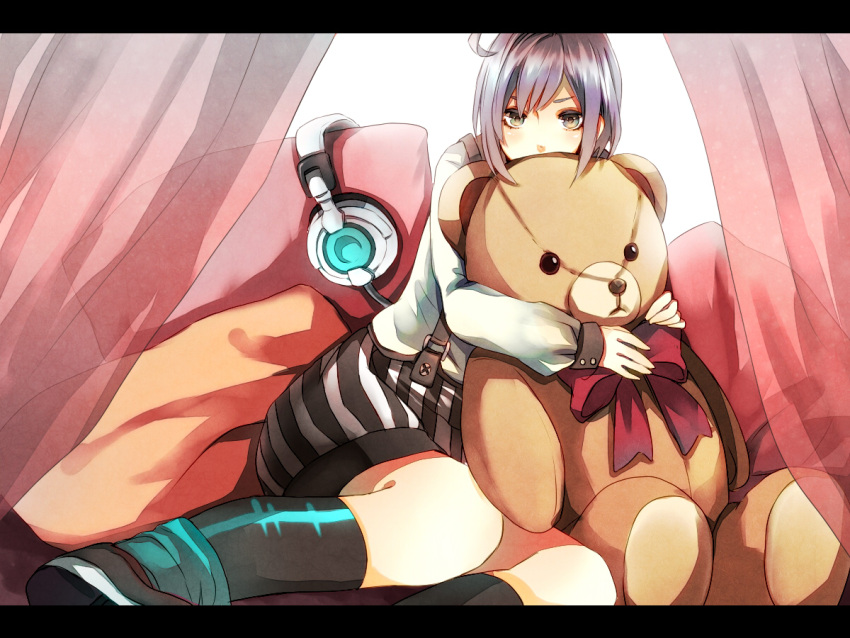 boots, brown_eyes, headphones, male, petarou, short_hair, silver_hair, solo, stuffed_animal, stuffed_toy, teddy_bear, utatane_piko, vocaloid