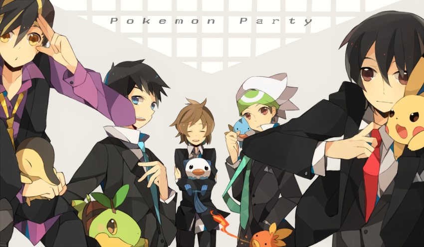 5boys, alternate_costume, baseball_cap, black_hair, blue_eyes, brown_eyes, brown_hair, cyndaquil