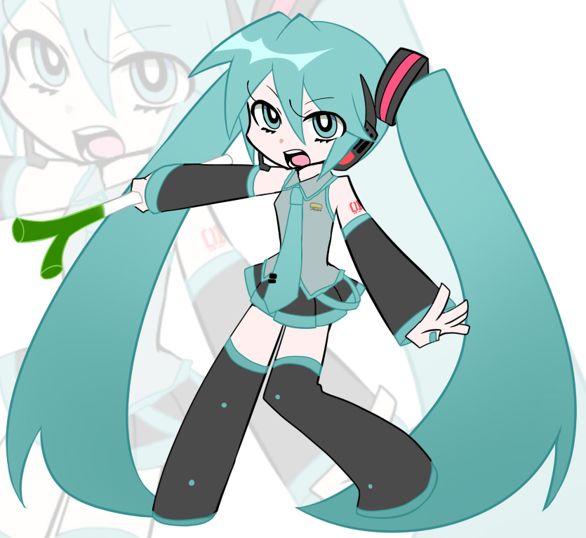 fukumitsu_(kirarirorustar), hatsune_miku, headphones, kirariroru_star, long_hair, open_mouth, panty_&amp;_stocking_with_garterbelt, parody