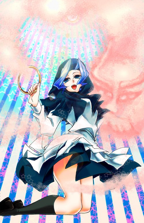 1girl, black_legwear, blue_eyes, blue_hair, breasts, dress, hood, jewelry