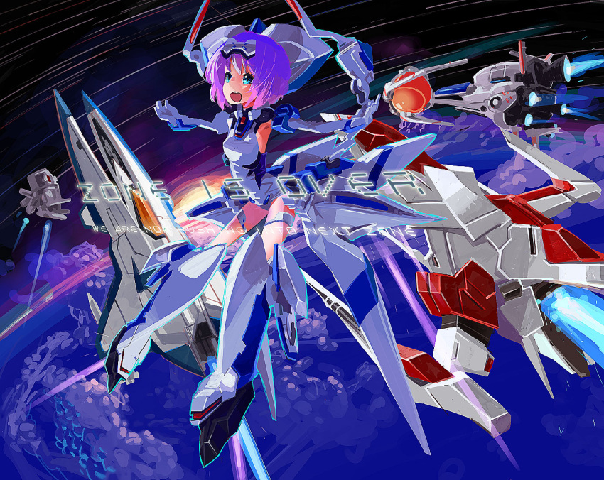 aqua_eyes, arrowhead_(r-type), darius, elbow_gloves, exelica, force_(r-type), gloves, gradius, mecha_musume, one-piece_swimsuit, open_mouth, outstretched_arms, purple_hair, r-type, school_swimsuit, short_hair, silver_hawk, smile, solo, space, space_craft, spread_arms, swimsuit, swimsuit_costume, trigger_heart_exelica, vic_viper, white_school_swimsuit, xanado