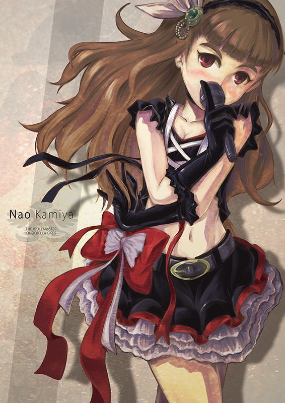 bare_shoulders, belt, black_gloves, blush, bow, brown_eyes, brown_hair, elbow_gloves
