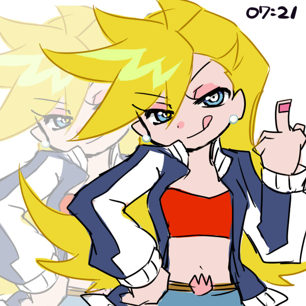 :p, artist_request, blonde_hair, blue_eyes, earrings, fukumitsu_(kirarirorustar), hand_on_hip, jewelry
